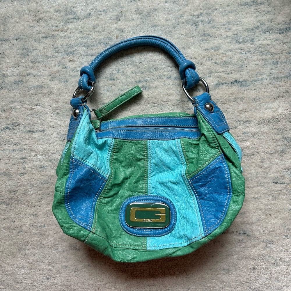 Vintage Guess Y2K Leather Patchwork Blue Green Hobo Shoulder Purse Bag